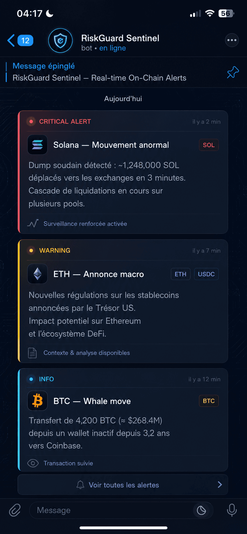 Aperçu d'alertes RiskGuard sur Telegram
